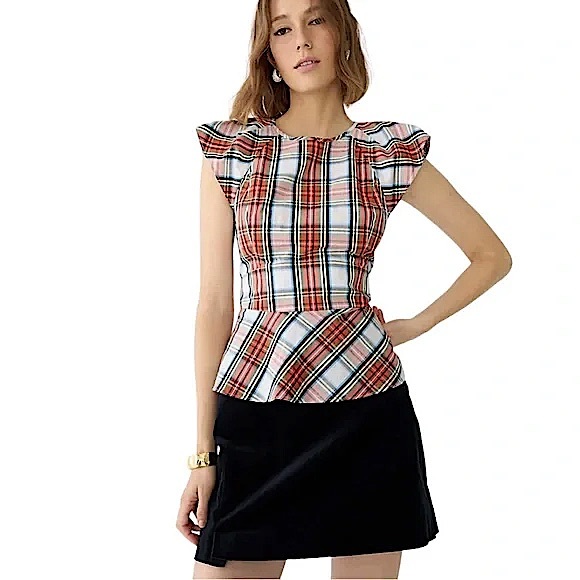 🎄J Crew Cap-sleeve peplum top in Snowy Stewart Tartan Plaid in Ivory, 12 - Picture 2 of 6